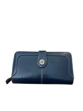 Sendefn Navy Blue Leather Trifold Wallet Daisy Concho Snap boho feminine